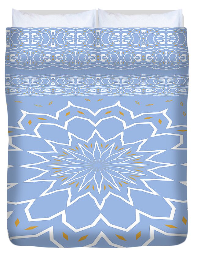 Blue Duvet Cover featuring the digital art Powder Blue Jewels and Abstract Flower by Joy Watson