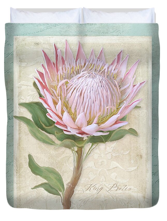 Botanical Floral Duvet Cover featuring the painting King Protea Blossom - Vintage Style Botanical Floral 1 by Audrey Jeanne Roberts