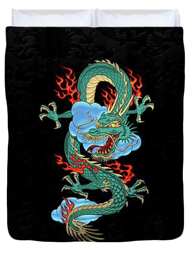 'treasures Of China' Collection By Serge Averbukh Duvet Cover featuring the digital art The Great Dragon Spirits - Turquoise Dragon on Black Silk by Serge Averbukh