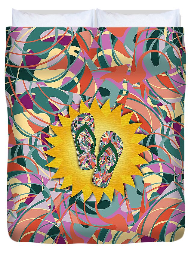  Duvet Cover featuring the mixed media Sunshine and Colorful Abstract Flip-Flops by Gravityx9 Designs