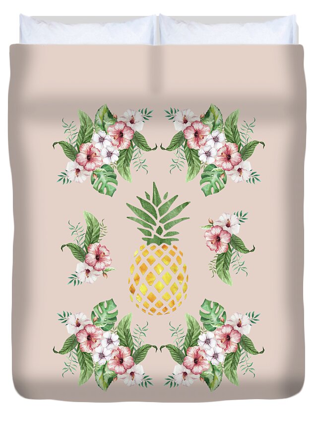 Tropical Flowers Duvet Cover featuring the painting Exotic Hawaiian Flowers and Pineapple by Georgeta Blanaru