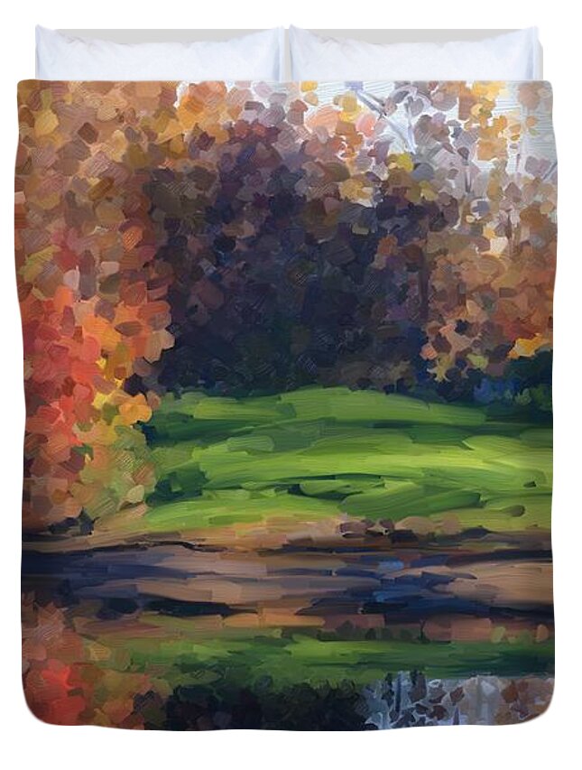 Painting Duvet Cover featuring the painting Autumn by water by Ivana Westin