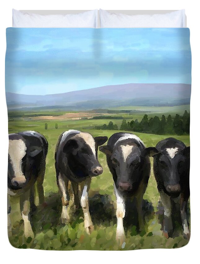 Original Duvet Cover featuring the painting Curious Cows by Ivana Westin
