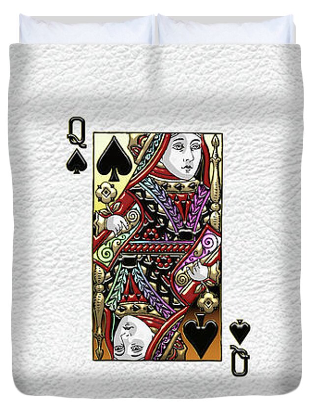 'gamble' Collection By Serge Averbukh Duvet Cover featuring the digital art Queen of Spades over White Leather by Serge Averbukh