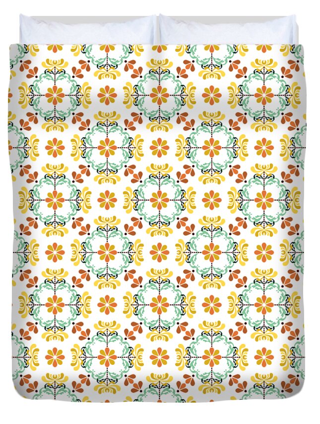 Chrysanthemum Duvet Cover featuring the digital art Folk Art Inspired Chrysanthemums Yellow and Orange by MM Anderson