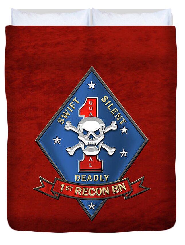 'military Insignia & Heraldry' Collection By Serge Averbukh Duvet Cover featuring the digital art U S M C 1st Reconnaissance Battalion - 1st Recon Bn Insignia over Red Velvet by Serge Averbukh