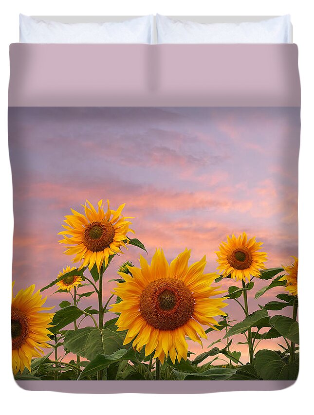 Sunflower Duvet Cover featuring the photograph Field Of Golden Sunflowers At Sunset by Gill Billington