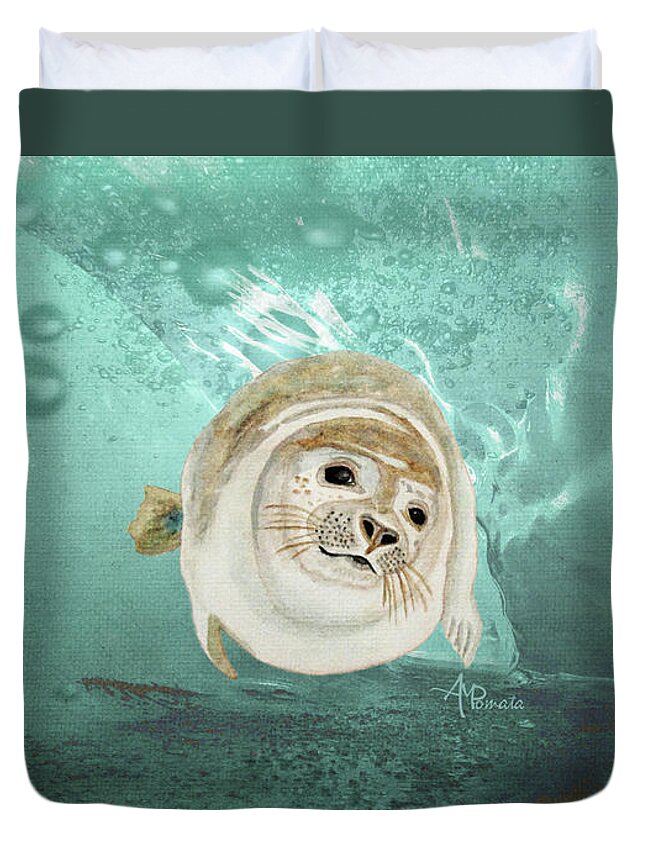 Sea Lion Duvet Cover featuring the painting Sea Lion Swimming by Angeles M Pomata