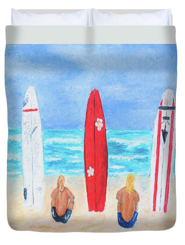 Active Duvet Cover featuring the painting Surfs Up 2 by Laura Richards