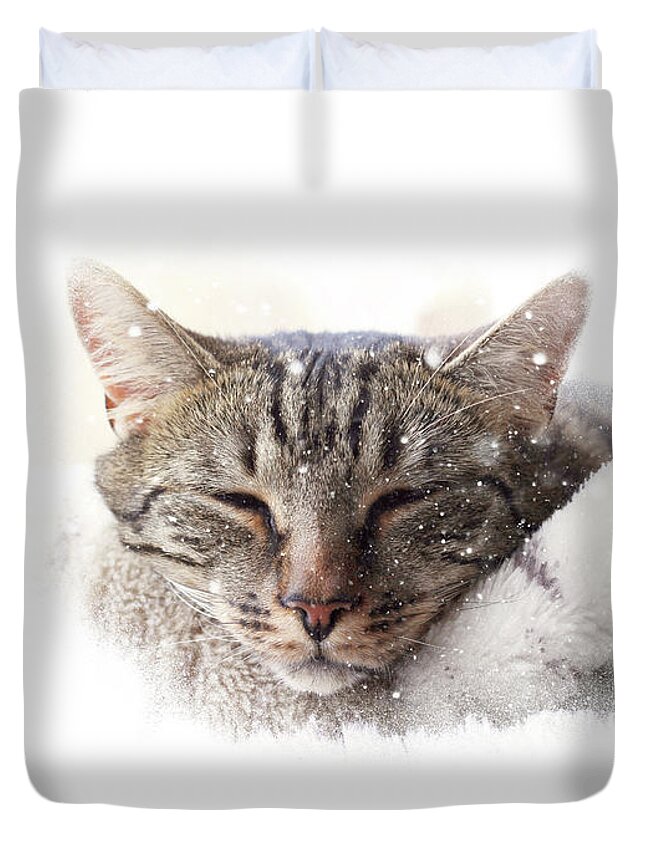 Animal Duvet Cover featuring the photograph Cat and snow by Helga Novelli
