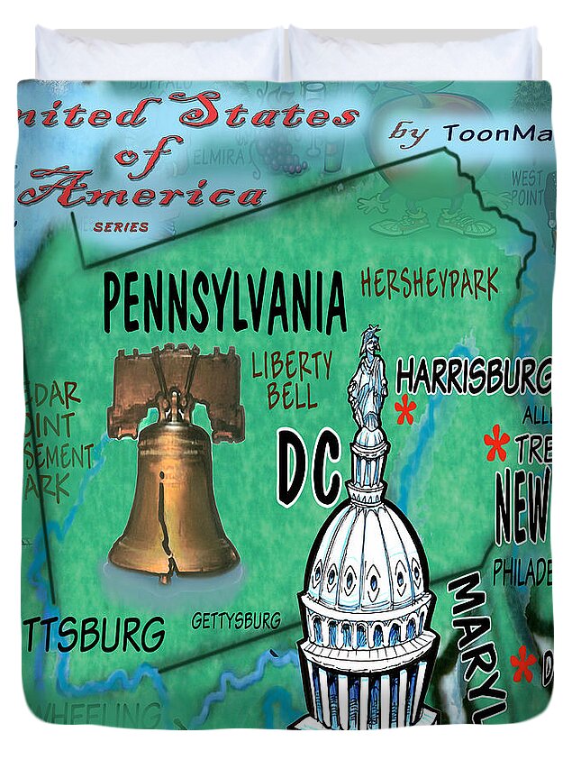 Pennsylvania Duvet Cover featuring the digital art Pennsylvania Fun Map by Kevin Middleton