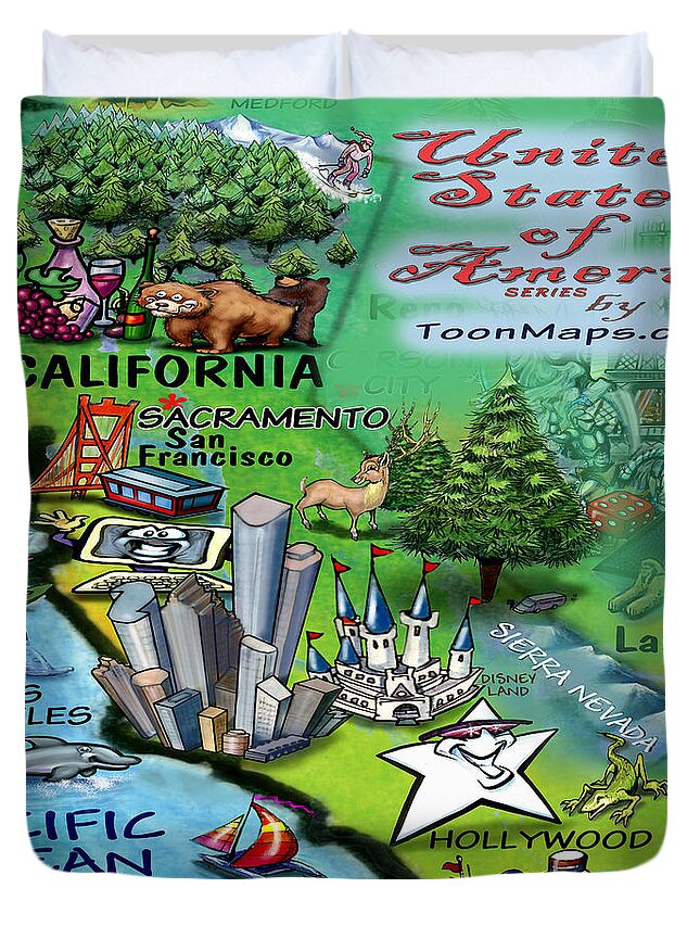 California Duvet Cover featuring the digital art California Fun Map by Kevin Middleton