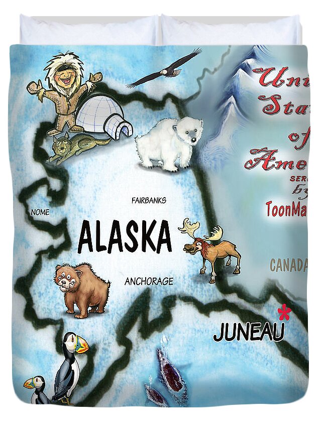 Alaska Duvet Cover featuring the digital art Alaska Fun Map by Kevin Middleton