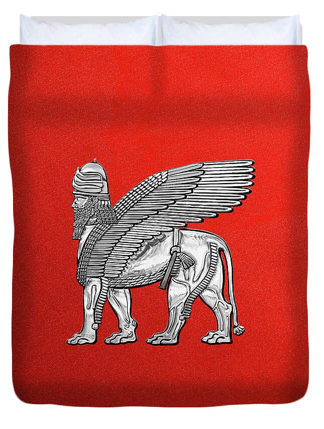‘treasures Of Mesopotamia’ Collection By Serge Averbukh Duvet Cover featuring the digital art Assyrian Winged Lion - Silver Lamassu over Red Canvas by Serge Averbukh