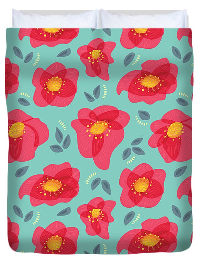 Abstract Flowers Duvet Cover featuring the digital art Pretty Flowers With Bright Pink Petals On Blue by Boriana Giormova