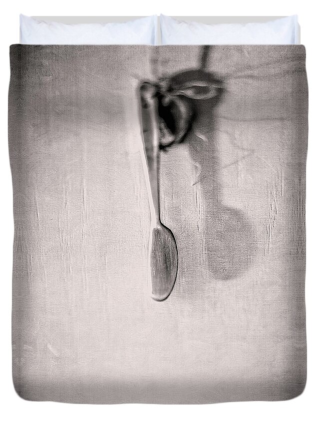 Black Duvet Cover featuring the photograph Hanging Knife on Jute Twine in BW by YoPedro