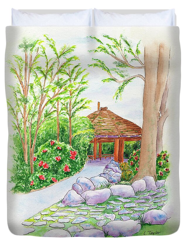 Gazebo Duvet Cover featuring the painting Pavilion Pathway by Lori Taylor