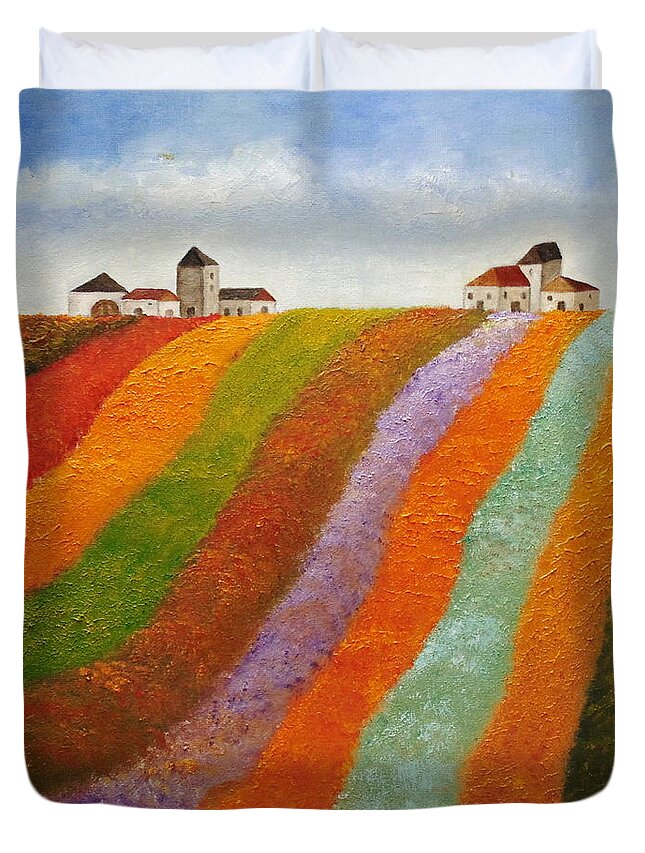 Field Of Flowers Duvet Cover featuring the painting Stripy Valley by Angeles M Pomata