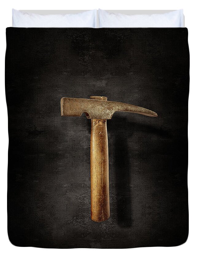 Hand Tool Duvet Cover featuring the photograph Vintage Masonry Hammer on Black by YoPedro