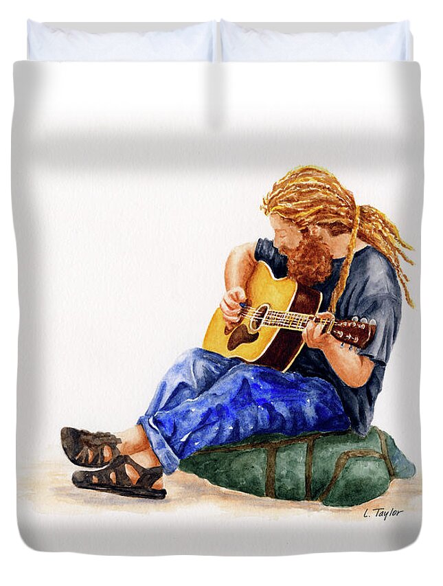 Musician Duvet Cover featuring the painting Main Street Minstrel 2 by Lori Taylor
