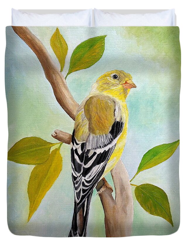 American Goldfinch Duvet Cover featuring the painting Pretty American Goldfinch by Angeles M Pomata