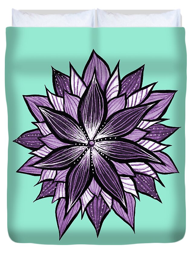 Flower Duvet Cover featuring the drawing Purple Mandala Like Ink Drawn Abstract Flower by Boriana Giormova