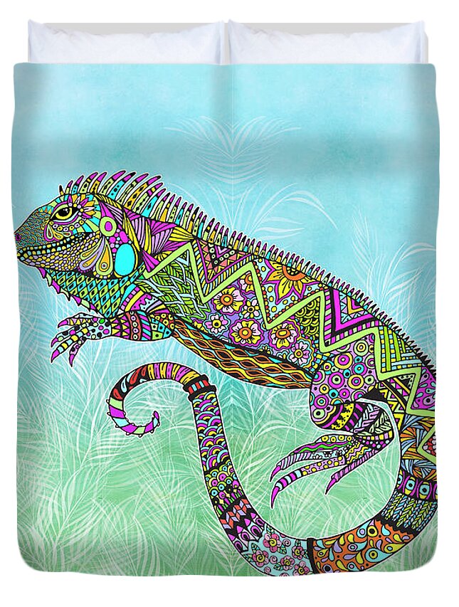 Iguana Duvet Cover featuring the drawing Electric Iguana by Tammy Wetzel