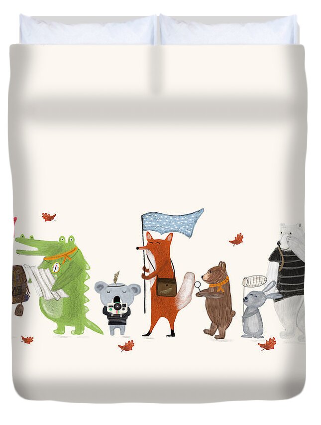 Childrens Duvet Cover featuring the painting Lets All Go Exploring by Bri Buckley