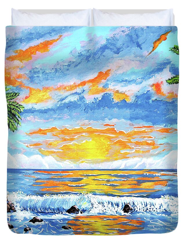 Key West Duvet Cover featuring the painting Florida Keys Beach Sunset by John Moon