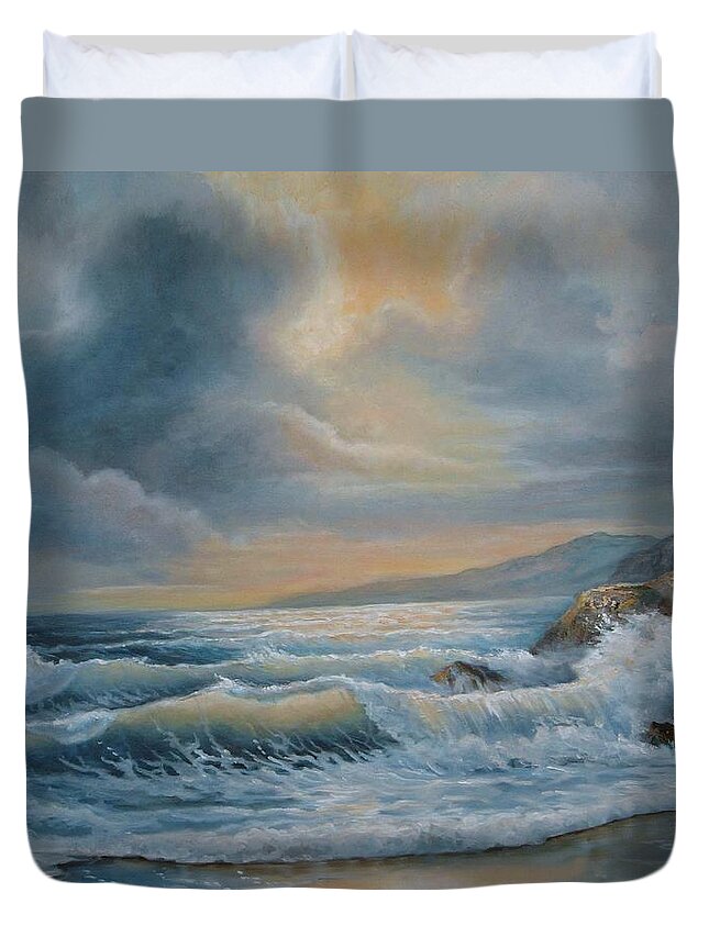 Ocean Oil Painting Duvet Cover featuring the painting Ocean under the evening glow by Regina Femrite