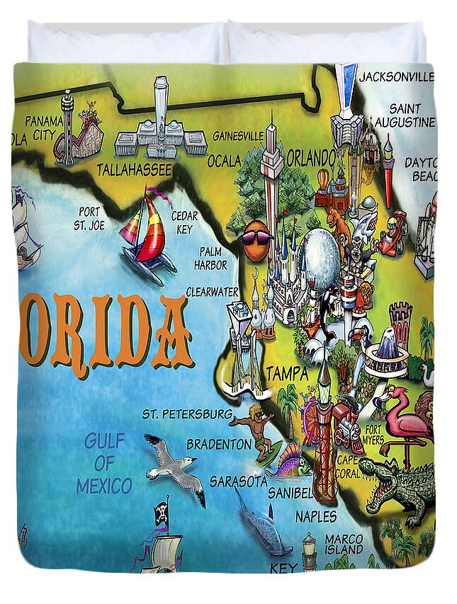 Florida Duvet Cover featuring the digital art Florida Cartoon Map by Kevin Middleton