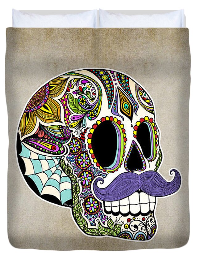 Vintage Duvet Cover featuring the digital art Mustache Sugar Skull Vintage Style by Tammy Wetzel