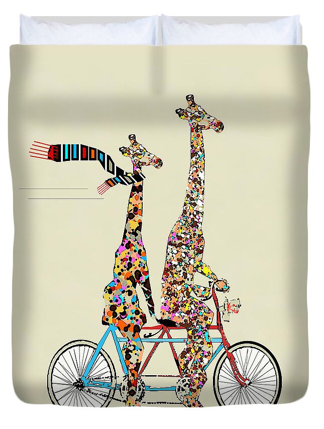 Giraffes Duvet Cover featuring the painting Giraffe Days Lets Tandem by Bri Buckley