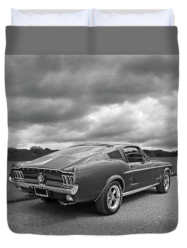 Mustang Duvet Cover featuring the photograph 67 Fastback Mustang in Black and White by Gill Billington
