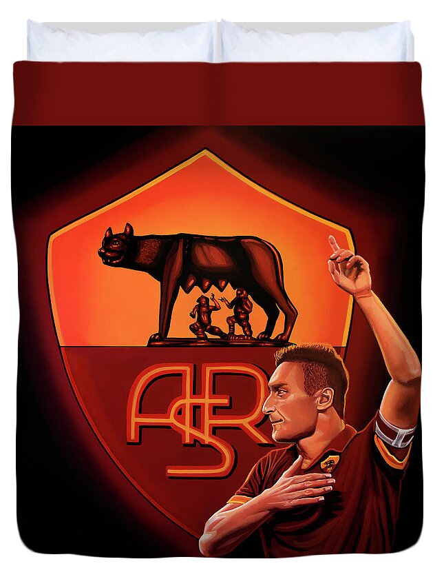 Francesco Totti Duvet Cover featuring the painting AS Roma Painting by Paul Meijering