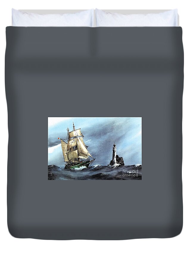 Ships Duvet Cover featuring the painting Asgard 11 rounding the Fastnet Rock by Val Byrne
