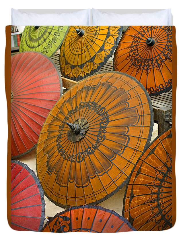 Oriental Duvet Cover featuring the photograph Asian Umbrellas by Michele Burgess