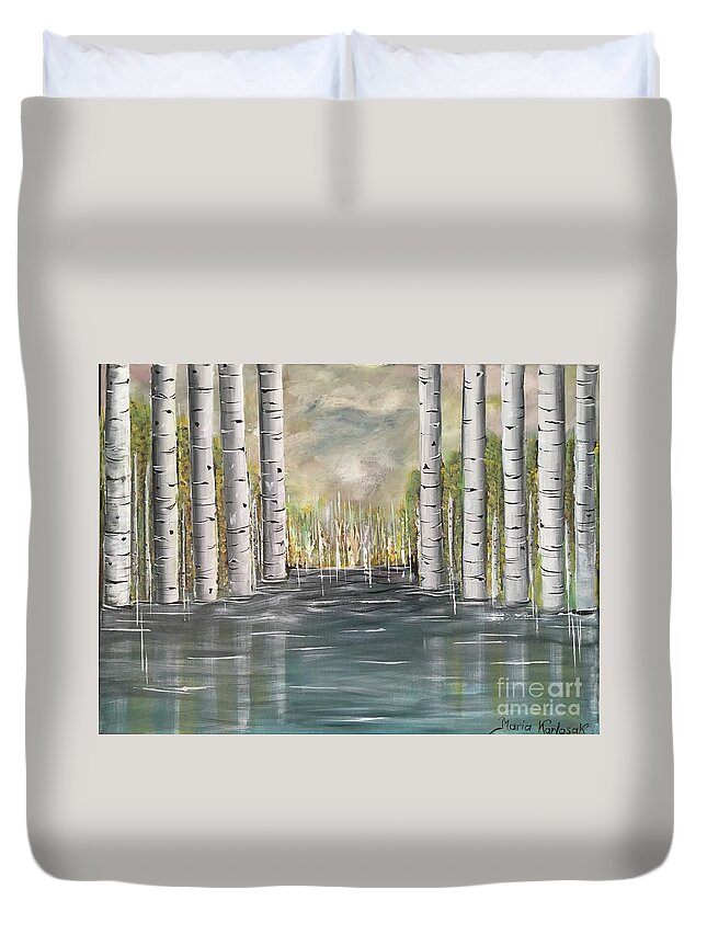 Landscape Duvet Cover featuring the painting Aspen trees by Maria Karlosak