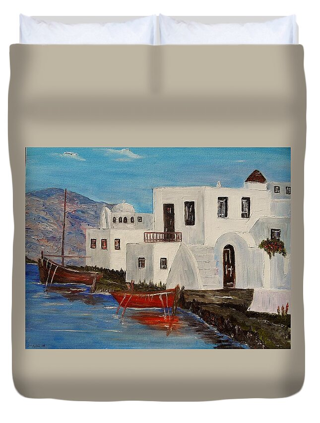 Boat Duvet Cover featuring the painting At home in Greece by Marilyn McNish