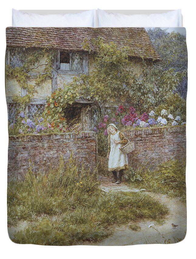 English; Landscape; Rural; Cottage; Gate; Gateway; Girl; Child; Path; C19th; C20th; Victorian Duvet Cover featuring the painting At Sandhills by Helen Allingham