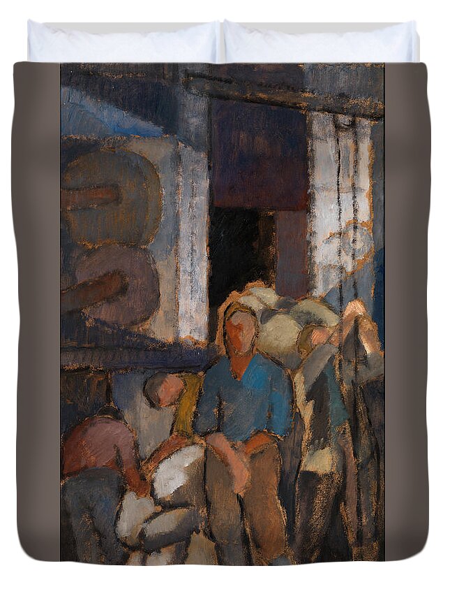 Alvar Cawén - At The Factory [1919] Duvet Cover featuring the painting At the Factory by MotionAge Designs