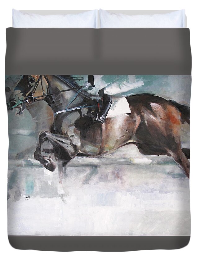 Horse Duvet Cover featuring the painting At The Races by Tony Belobrajdic