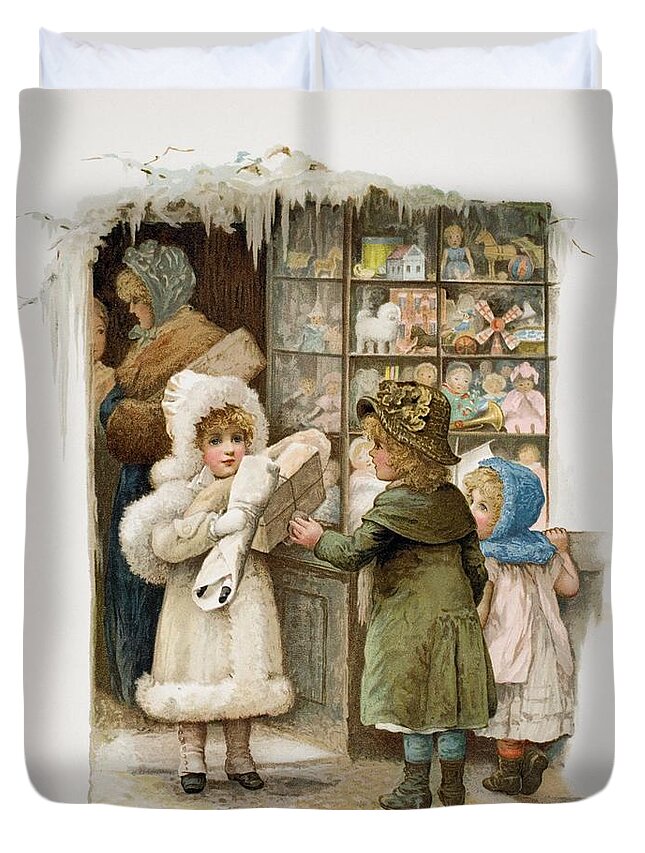 Artwork Duvet Cover featuring the drawing At The Toy Shop by Vintage Design Pics