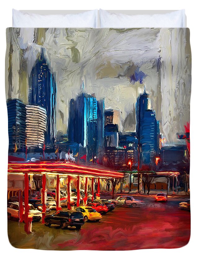 Atlanta Skyline From Varsity Duvet Cover featuring the painting Atlanta skyline 231 1 by Mawra Tahreem