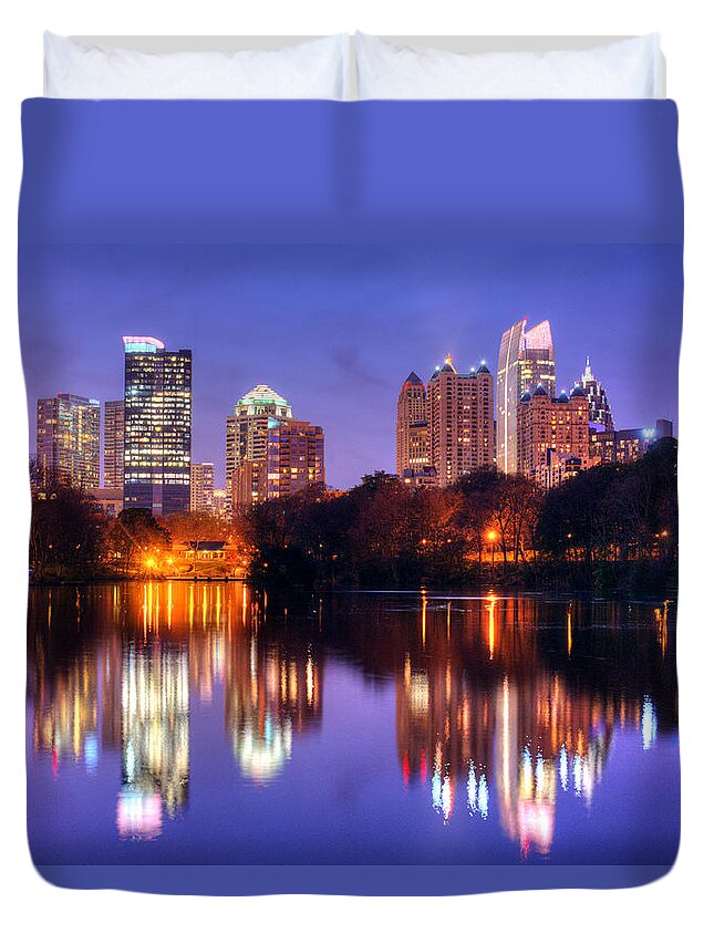 Atlanta Duvet Cover featuring the photograph Atlanta Skyline at Dusk Midtown Color Piedmont Park by Jon Holiday