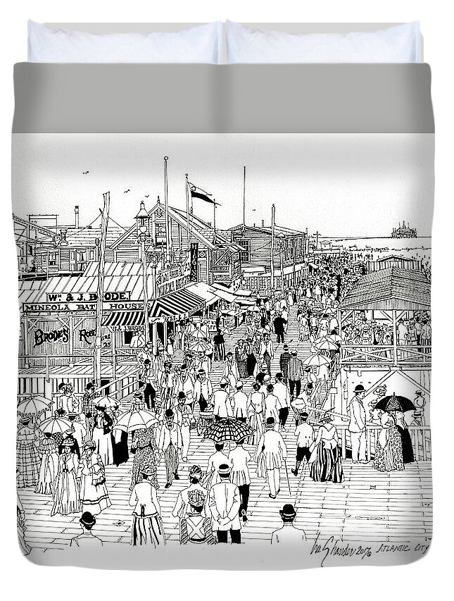 Atlantic City Duvet Cover featuring the drawing Atlantic City Boardwalk 1889 by Ira Shander