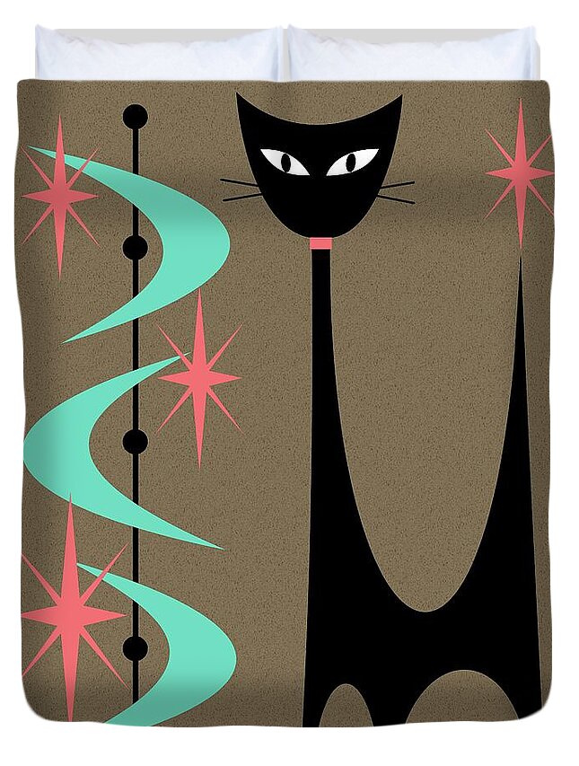 Mid Century Modern Duvet Cover featuring the digital art Atomic Cat Aqua and Pink by Donna Mibus