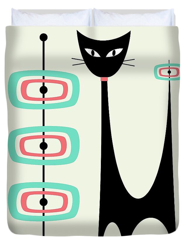 Mid Century Modern Duvet Cover featuring the digital art Atomic Cat Orbs Aqua and Pink on Cream by Donna Mibus