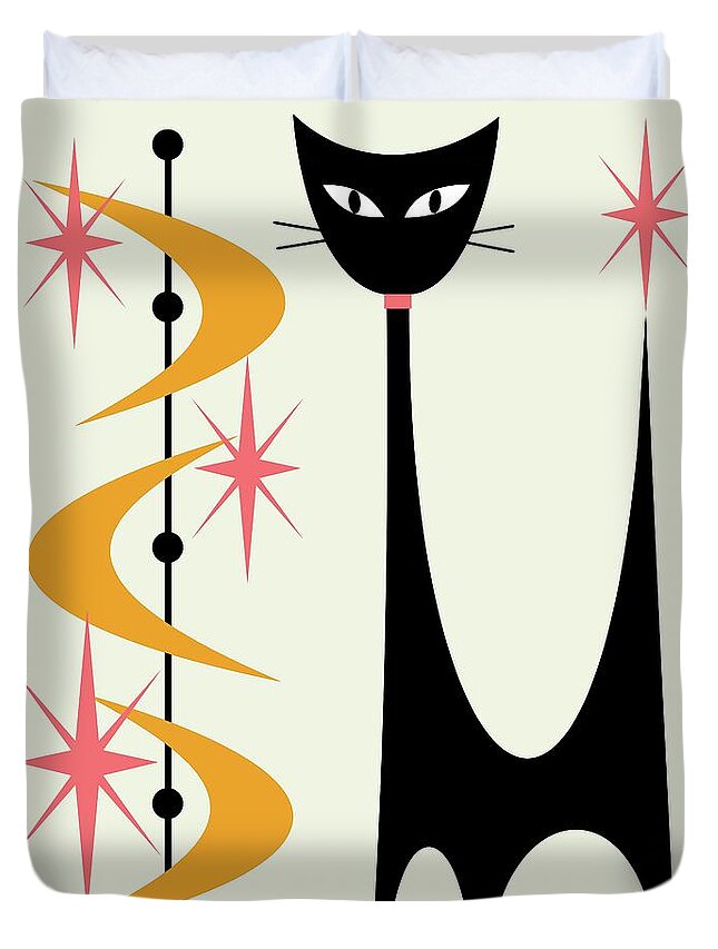 Mid Century Modern Duvet Cover featuring the digital art Atomic Cat Pink and Gold on Cream by Donna Mibus