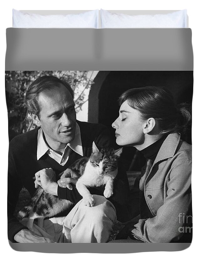 B&w Duvet Cover featuring the photograph Audrey Hepburn and Mel Ferrer by George Daniell